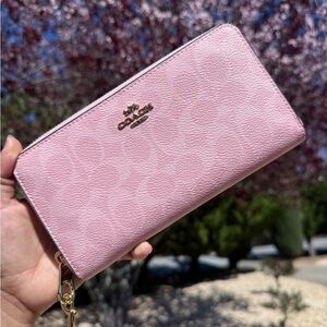 Coach Light Pink Signature Zip Wallet Wristlet with Tan Strap